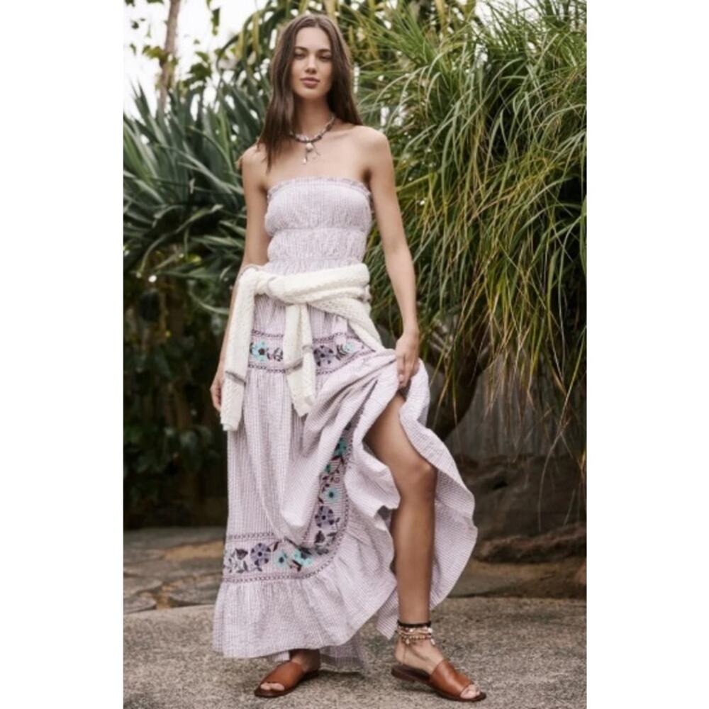 045 NWT Free People Kalani Embroidered Midi Dress | Ivory Striped Combo | Small